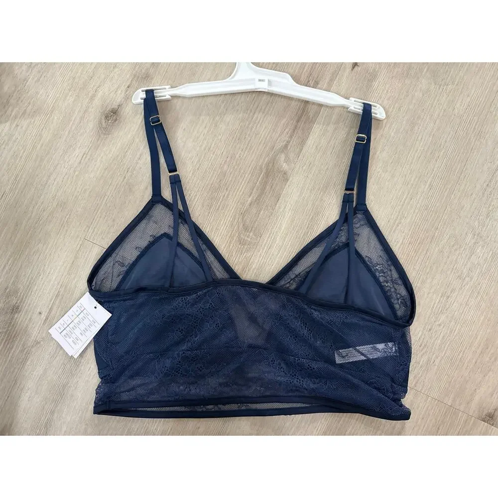 NWT Auden Women's Satin & Lace Longline Unlined Bralette Navy Blue Size Large